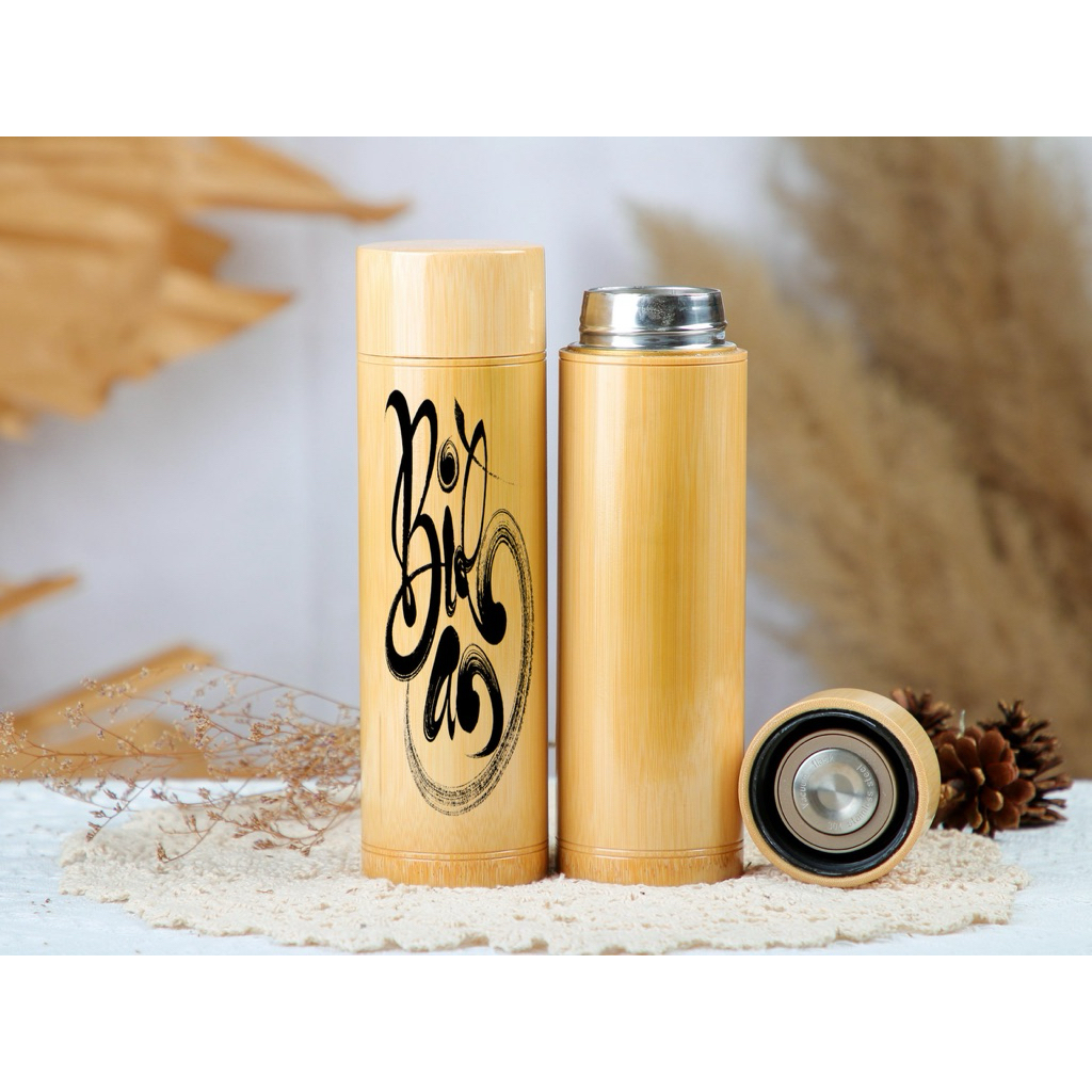 Bình Giữ Nhiệt Vỏ tre in thư pháp