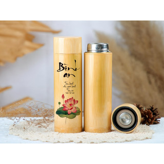 Bình Giữ Nhiệt Vỏ tre in thư pháp