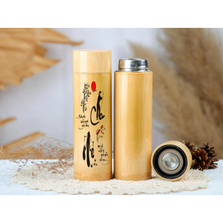 Bình Giữ Nhiệt Vỏ tre in thư pháp