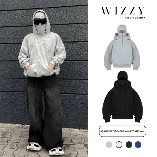 Áo Hoodie Zip WIZZY Chống Nắng Toàn Thân Unisex Form Rộng Vải 2 Da Ninja Hoodie Double Zipper