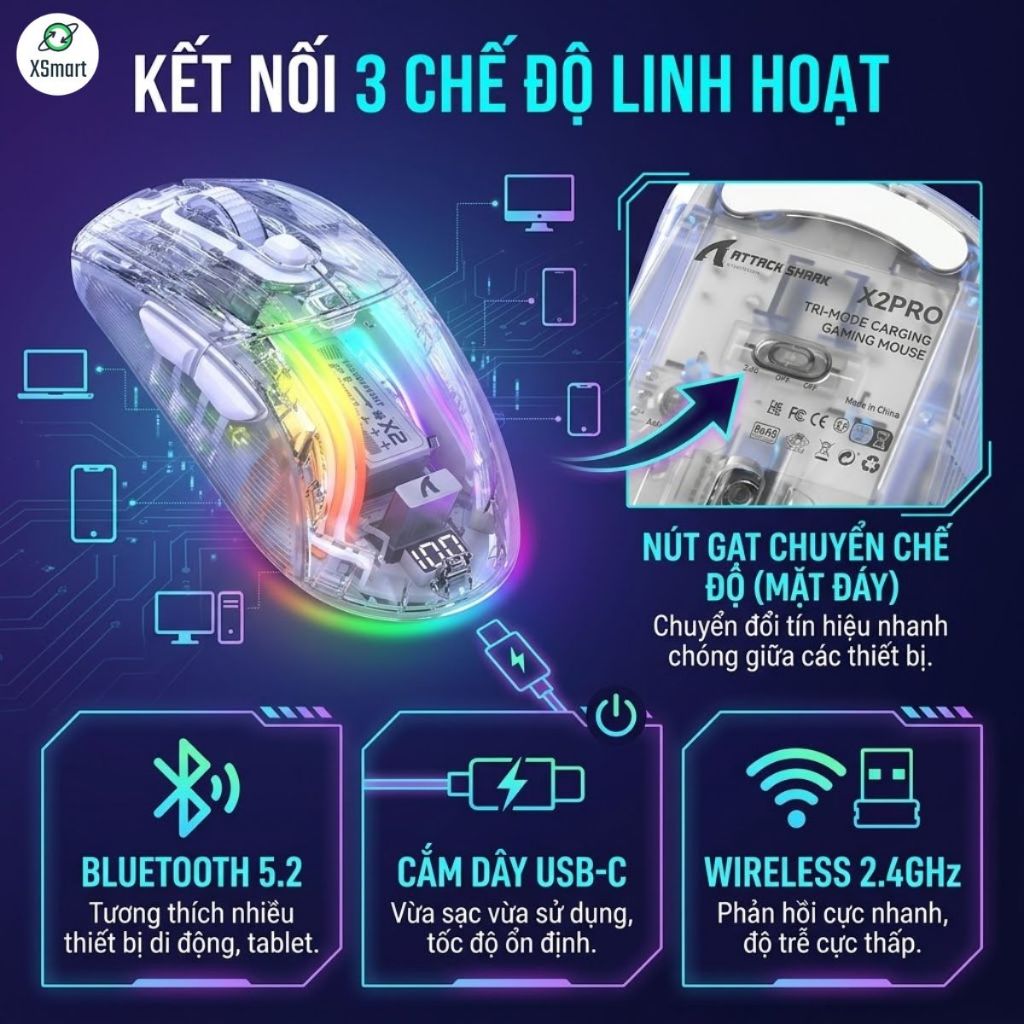 Chuột Không Dây Bluetooth Gaming Attack Shark X2 SUPER VIP NEW LED RGB 10 Chế Độ LED | BigBuy360 - bigbuy360.vn