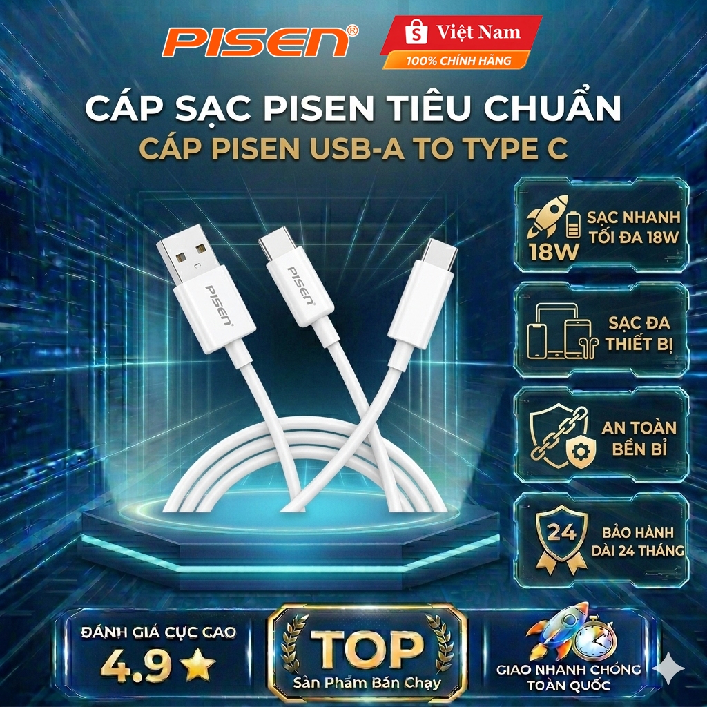 Cáp PISEN Mr White USB-A  Ra Type-C Dài 1m, Sạc Nhanh 3A - Pisen Việt Nam Bảo Hành 24 Tháng