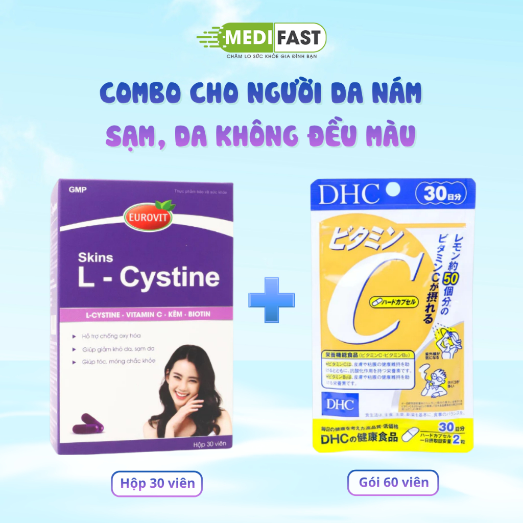 Combo cho người da nám, da không đều màu - Skins L Cystine hộp 30 viên và Vitamin C DHC gói 60 viên