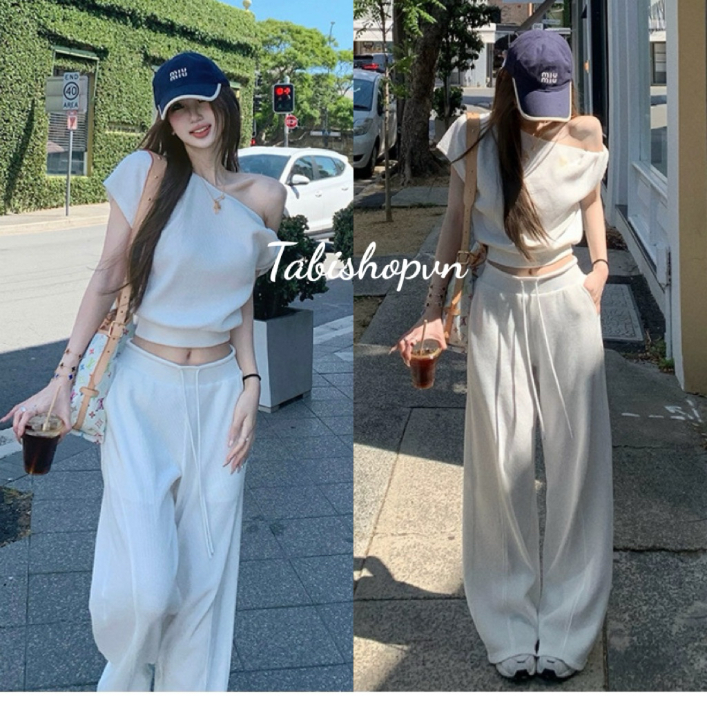 Set áo lệch vai phối quần dài dây rút TABISHOP Set đồ nữ sang chảnh mặc hè du lịch đi chơi(301) | BigBuy360 - bigbuy360.vn