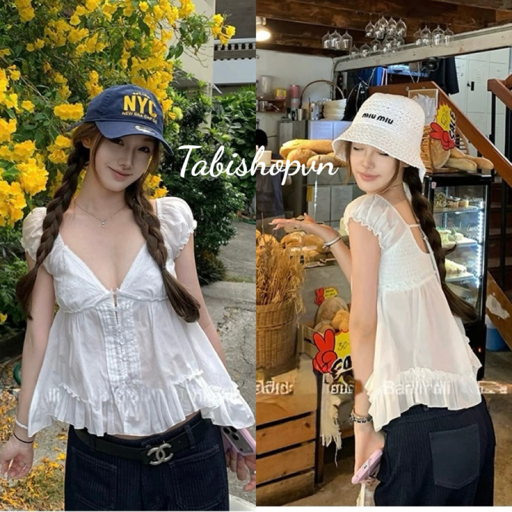Áo sơ mi nữ cổ V tay con tà phối bèo TABISHOP Áo kiểu nữ dễ thương gợi cảm mặc hè(302) | BigBuy360 - bigbuy360.vn
