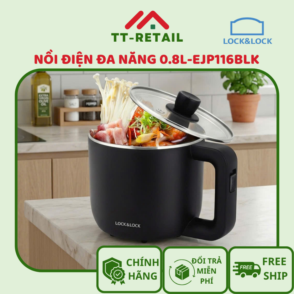 Nồi điện đa năng Lock&Lock 0.8L 3 nấc điều chỉnh nhiệt khay luộc trứng đi kèm màu đen EJP116BLK