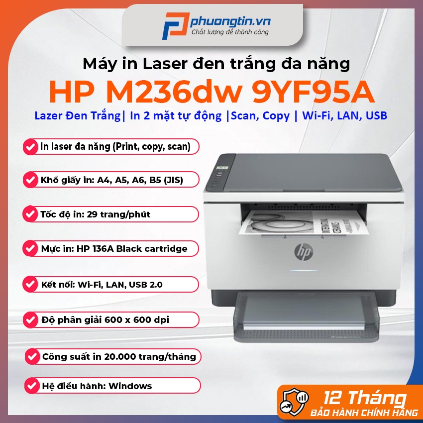Máy in Laser đen trắng đa năng HP M236dw 9YF95A In đảo mặt, Scan, Copy, A4, USB, LAN, WIFI Bảo hành 