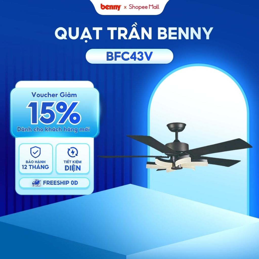 Quạt trần Benny Romantico BFC43V, Quạt trần Thái Lan, LED, điều khiển từ xa, bảo hành 10 năm