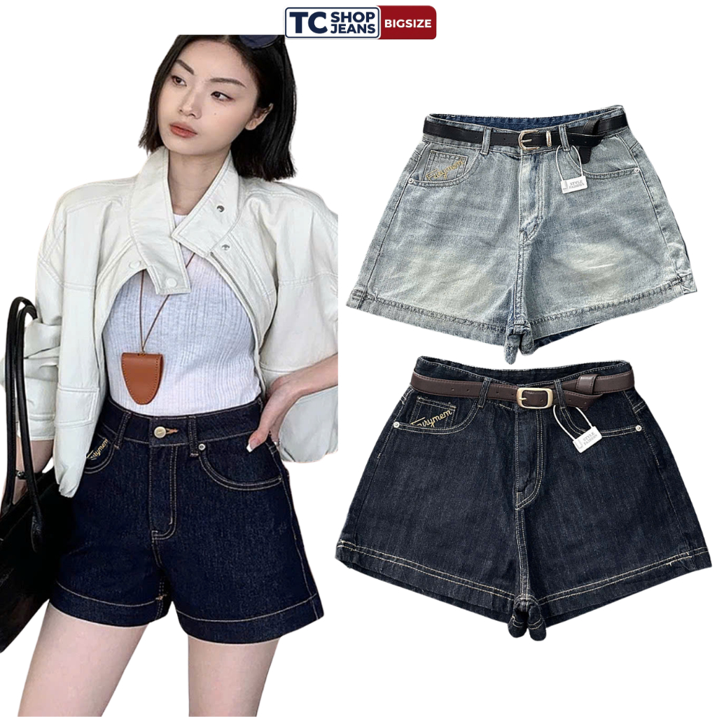 Quần Short Jean Nữ Thêu Chữ Vàng Lưng Cao TC SHOP JEANS BIGSIZE 55kg-90kg Chất Jean QC Mềm Mã  1308