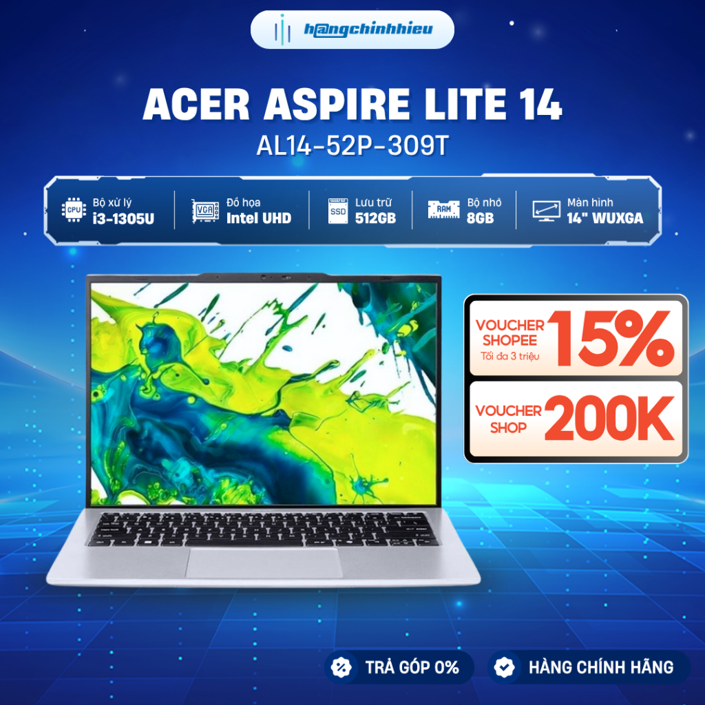 Laptop Acer Aspire Lite 14 AL14-52P-309T Core i3-1305U / Ram 8GB / SSD 512GB / 14' FHD+ / Win 11