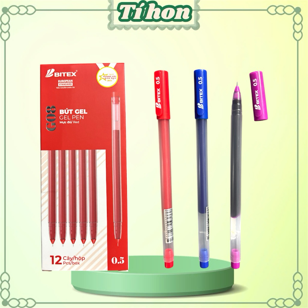 Combo 10 Bút gel G08 Bitex mực xanh/đỏ/đen/tím, nét 0.5mm, Viết êm trơn, mực ra đều
