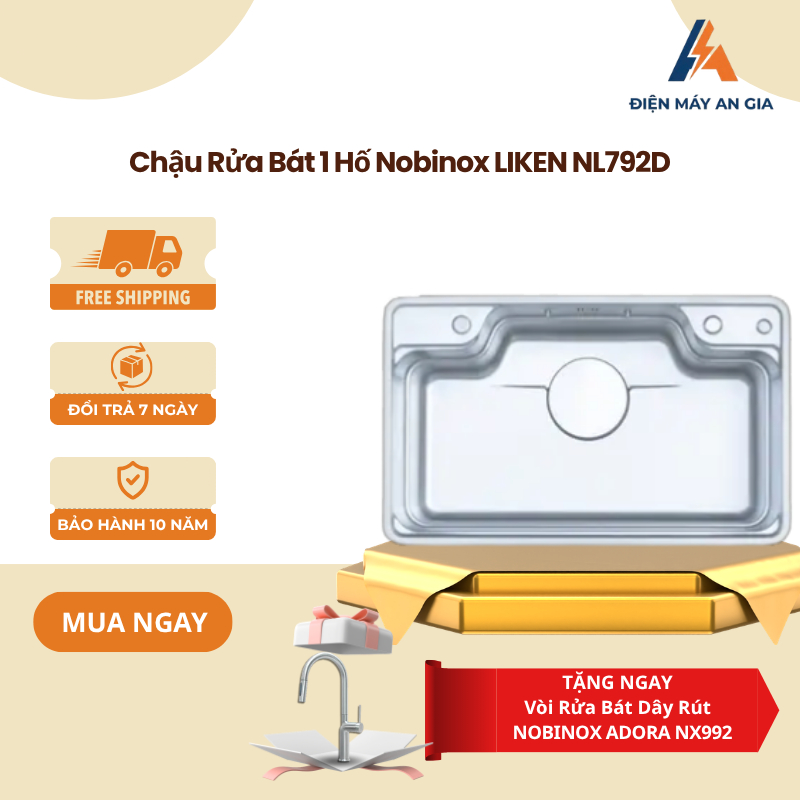 Chậu rửa bát Nobinox LIKEN NL792D – Inox 304 hạt Linen chống xước – Gờ Slide Thông Minh – PEB