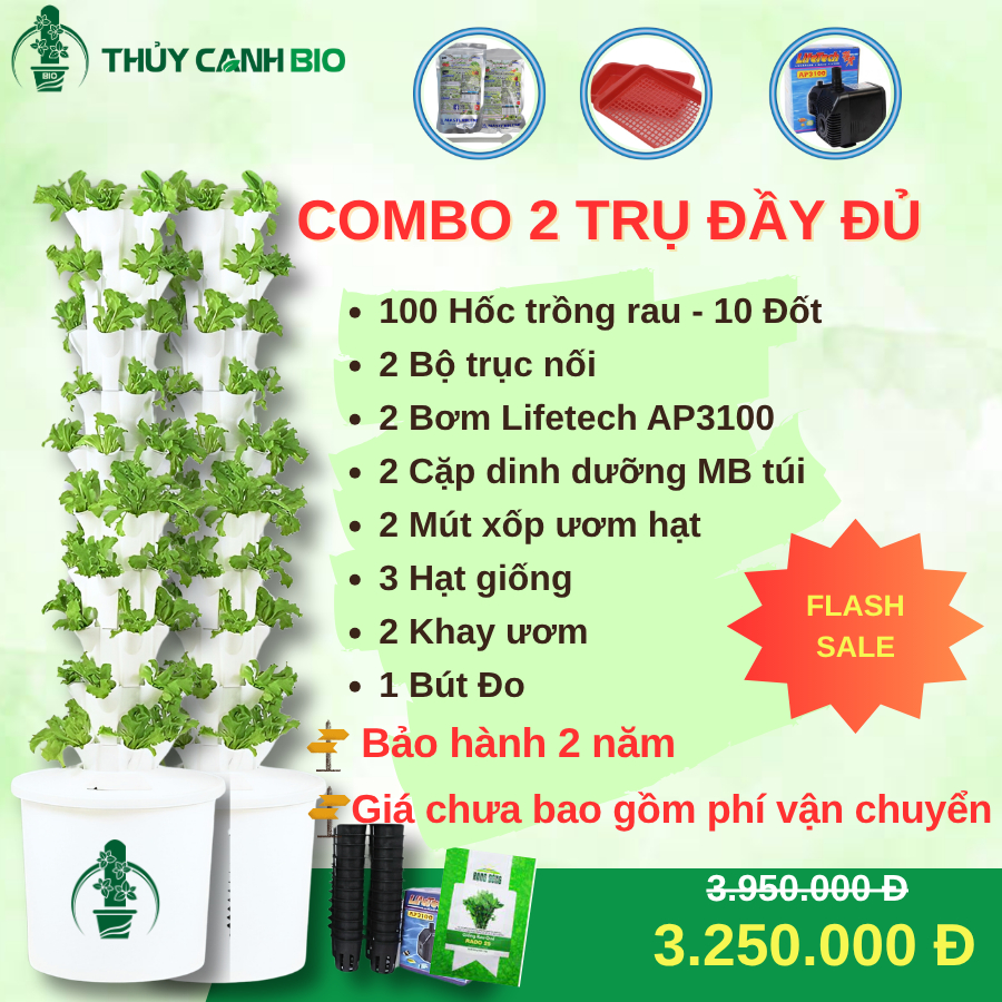 Combo 2 Trụ đứng Trồng Rau Thủy Canh kèm 2 cặp DD/Bơm/mút xốp/Hạt giống/Khay ươm