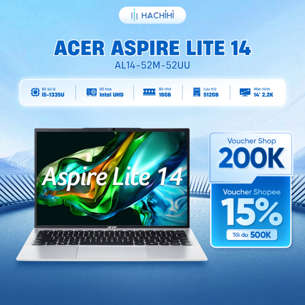 Laptop Acer Aspire Lite 14 AL14-52M-52UU (i5-1335U | 16GB | 512GB | Intel UHD | 14' 2.2K | Win 11 | 