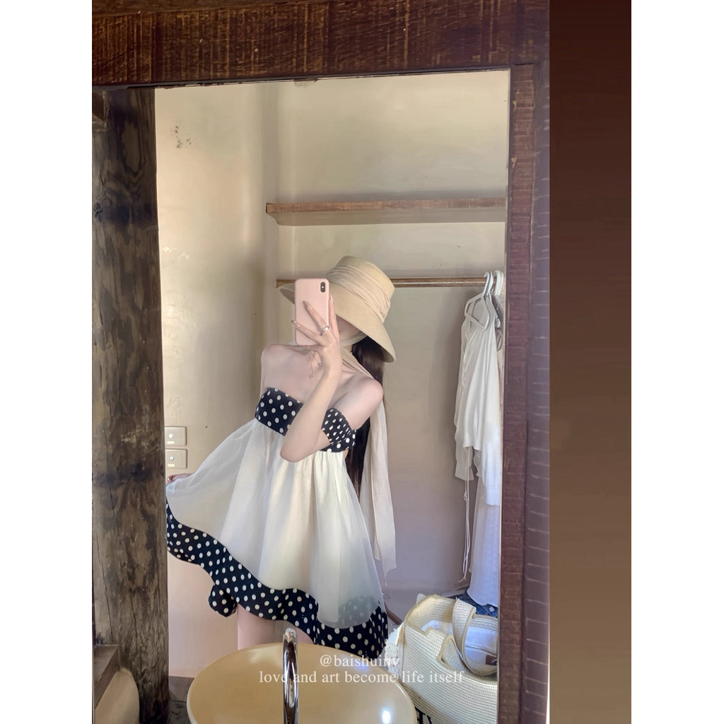 Đầm babydoll cúp ngực viền chấm bi TABISHOP Váy nữ form xuông dễ thương mặc hè đi chơi đi biển(304) | BigBuy360 - bigbuy360.vn