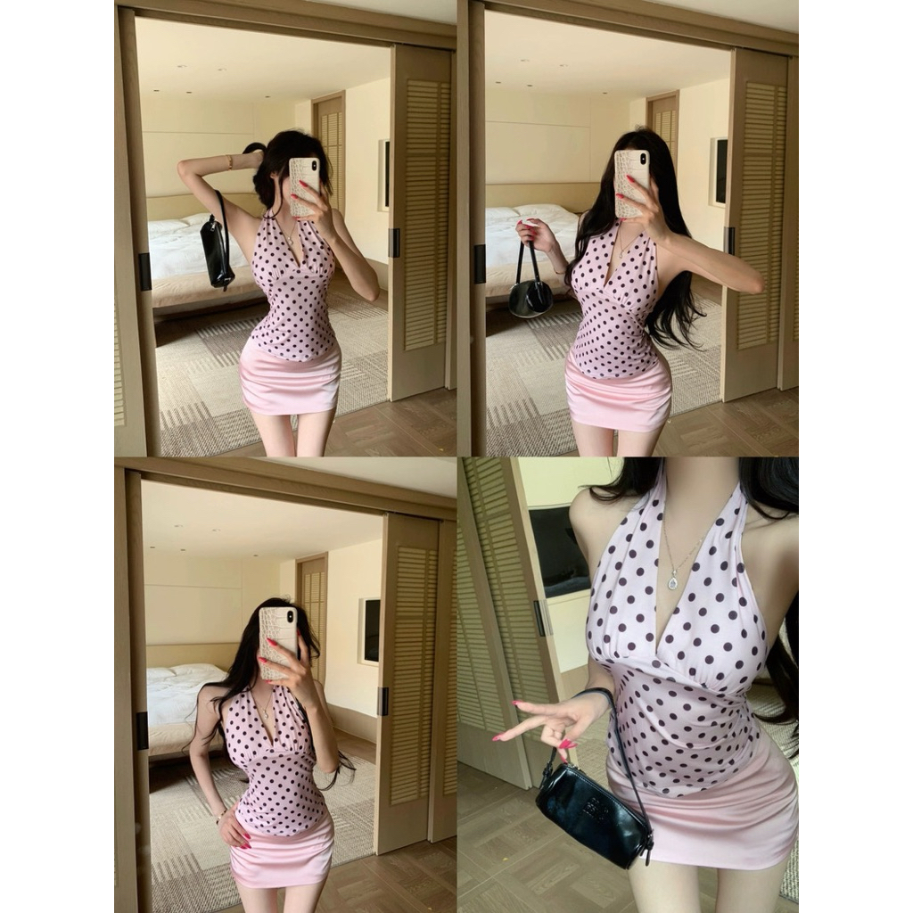 Set áo yếm chấm bi phối chân váy ngắn ôm màu hồng TABISHOP Set đồ nữ sang chảnh mặc hè đi chơi(305) | BigBuy360 - bigbuy360.vn
