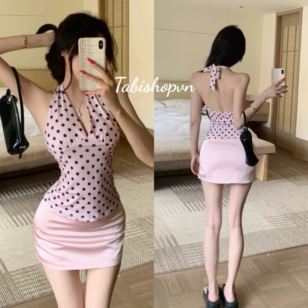 Set áo yếm chấm bi phối chân váy ngắn ôm màu hồng TABISHOP Set đồ nữ sang chảnh mặc hè đi chơi(305) | BigBuy360 - bigbuy360.vn