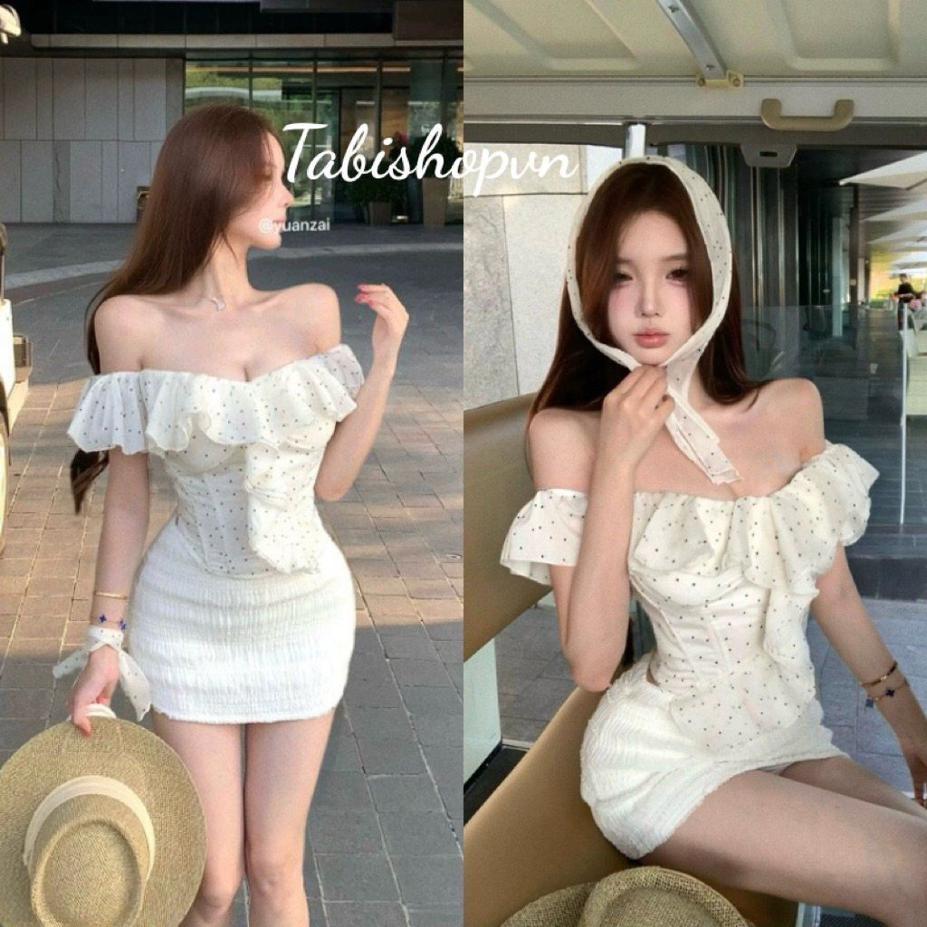 Set áo trễ vai bèo hoạ tiết chấm bi phối chân váy ôm TABISHOP Set đồ nữ sang chảnh mặc hè đi chơi(306) | BigBuy360 - bigbuy360.vn