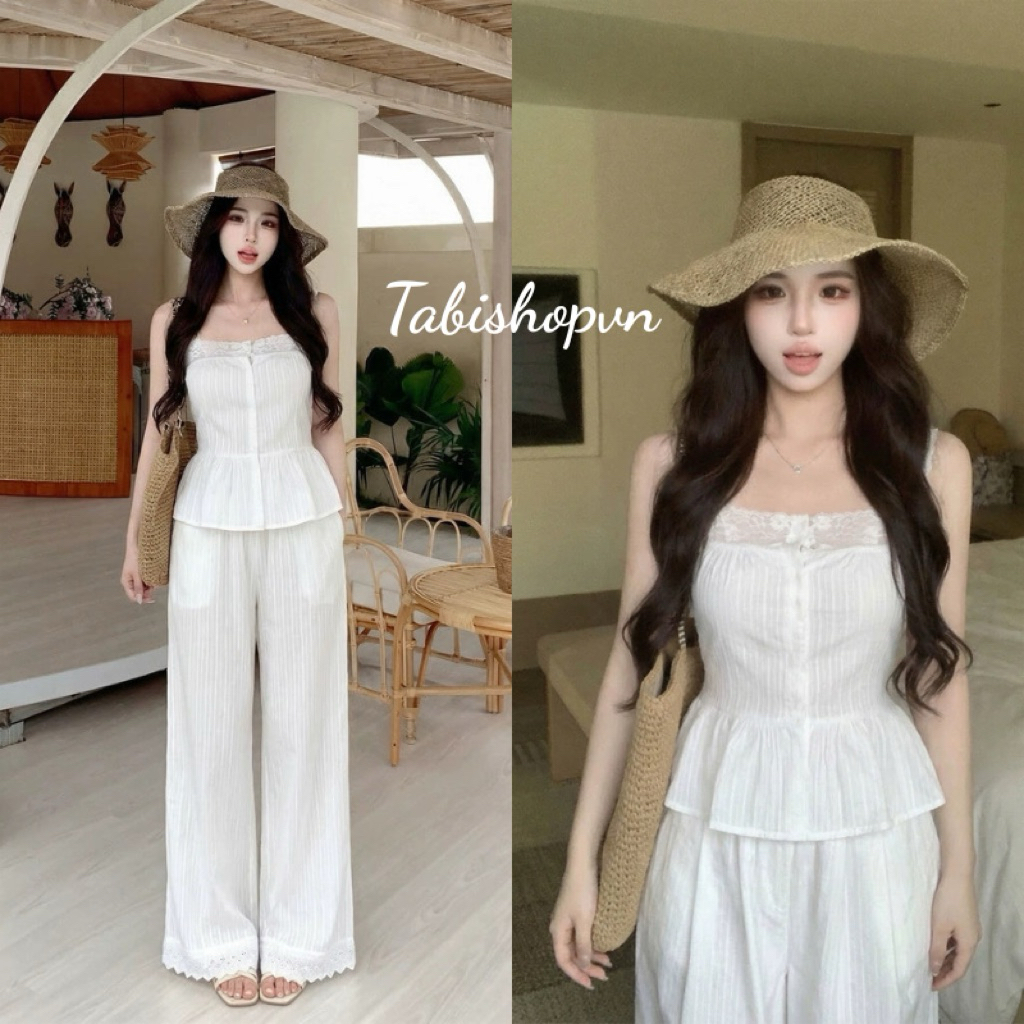 Set đồ bộ nữ áo 2 dây kèm quần dài phối ren TABISHOP Set đồ nữ sang chảnh mặc hè du lịch đi chơi(307) | BigBuy360 - bigbuy360.vn