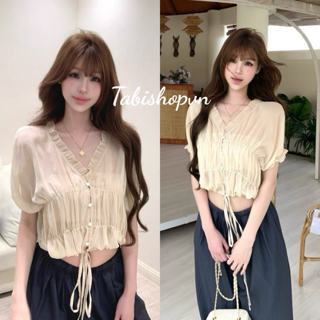Áo nữ cổ V viền ren rút dây eo TABISHOP Áo kiểu nữ form croptop dễ phối đồ(308) | BigBuy360 - bigbuy360.vn