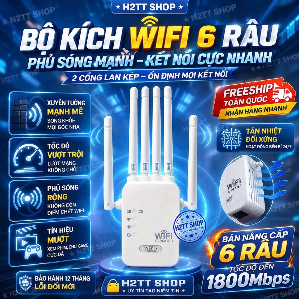 Bộ Kích Sóng Wifi 6 Râu   -  Khuếch Đại Wifi Xuyên Tường Tốc Độ Cao Xa  Ổn Định