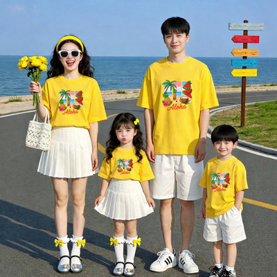 Áo phông gia đình 3,4,5 người du lịch biển Aloha chất liệu thun cotton size 15-75kg Loza GĐ3595