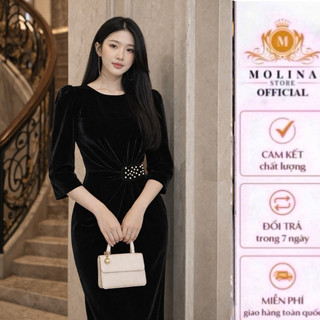 Đầm Body Nhung Tay Lỡ Đính Ngọc Eo Thiết Kế Molina Xẻ Sau Sang Chảnh Siêu Hack Dáng, Phù Hợp Dự Tiệc Đi Làm