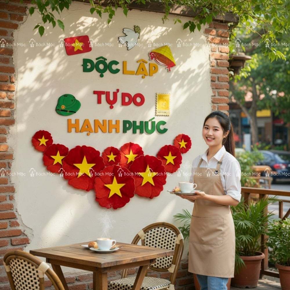 Combo 18 BÔNG Hoa Vải Đỏ Sao Vàng Kèm Set Độc Lập-Tự Do-Hạnh Phúc, Trang Trí Tường, Quán Cafe, Lớp Học Mừng Độc Lập 30/4