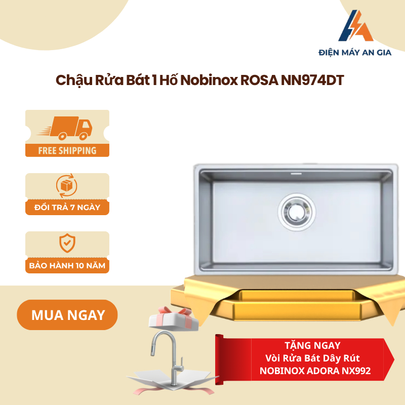 Chậu rửa bát cao cấp NOBINOX ROSA NN974DT – Thiết kế hiện đại – Bo tròn tinh tế – PEB