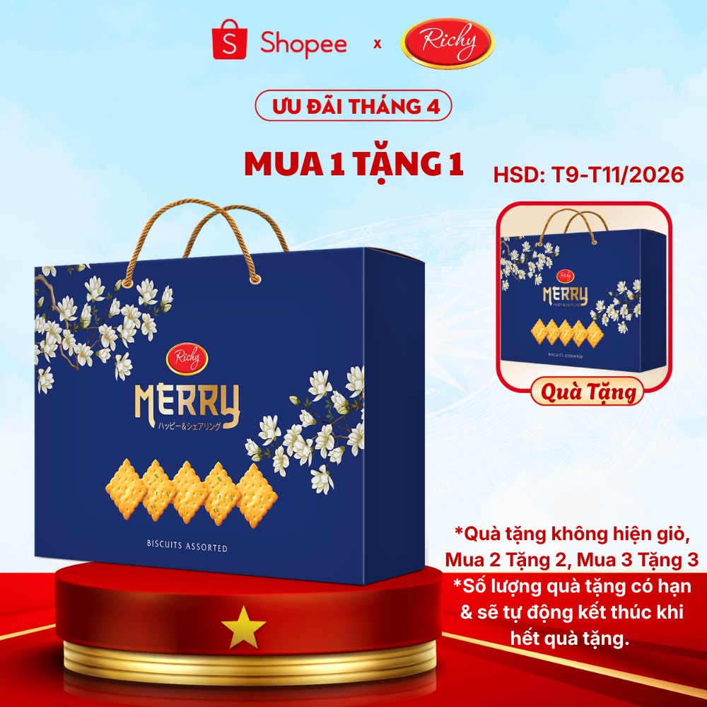 [HẾT HÀNG] Hộp Bánh Quy Richy Merry 412g - Có Quai Xách 3 Màu Xanh, Đỏ, Vàng