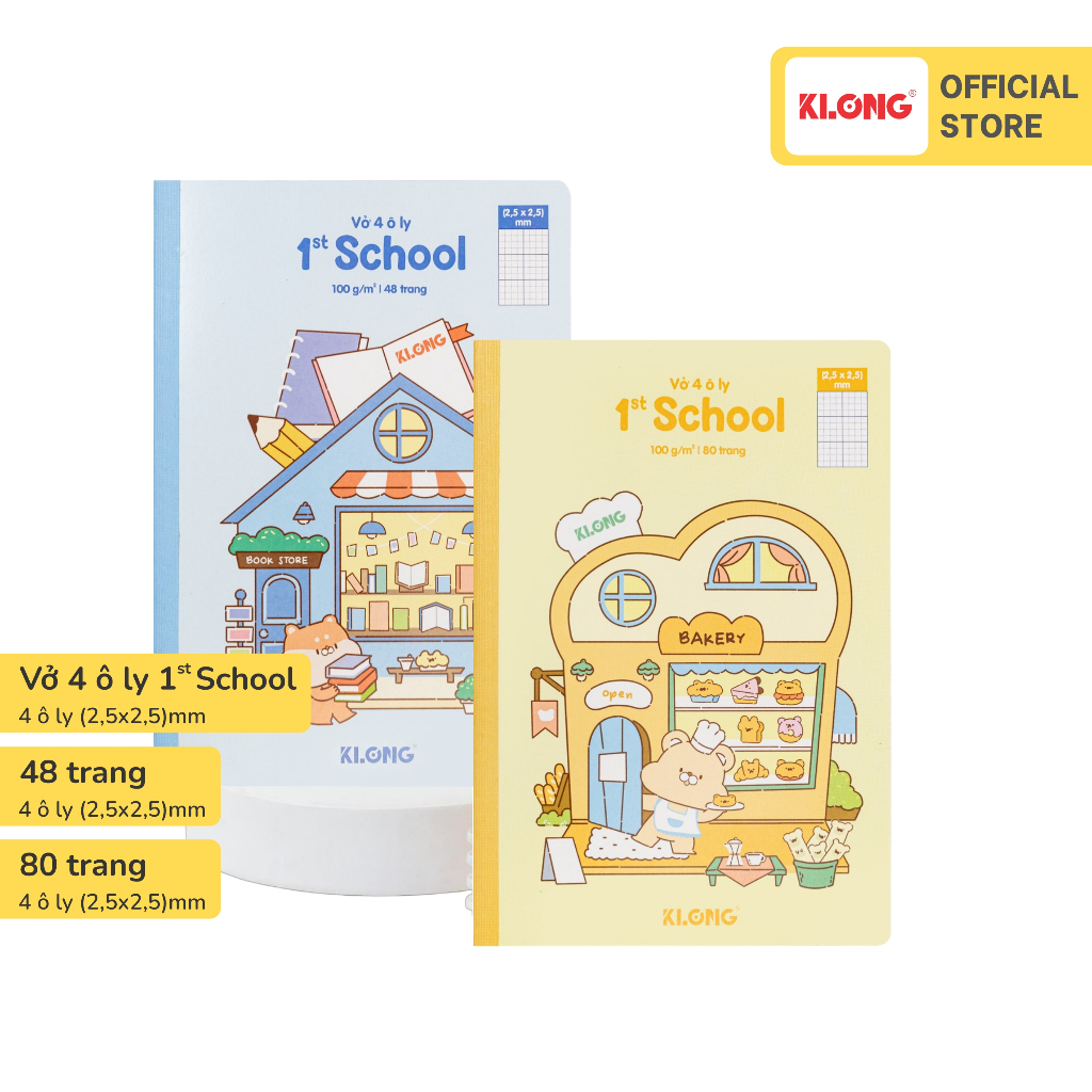Vở 4 ô ly may dán gáy 1st School KLONG My Little Town B5- 48 - 80 trang 100/92; MS: 005, 019