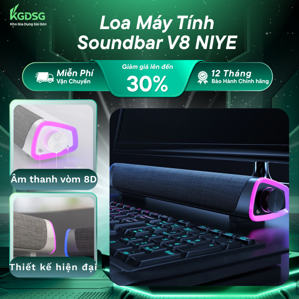 Loa Máy Tính Soundbar V8 NIYE có dây cắm Led RGB, công nghệ âm thanh vòm 8D sống động, chân thực cho