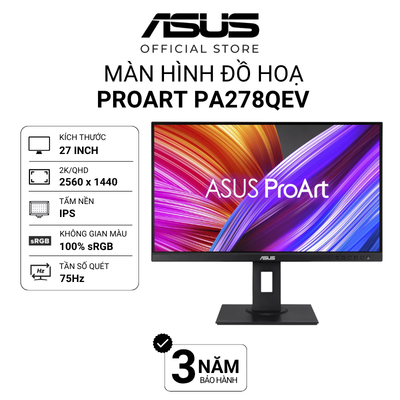 Màn hình ASUS ProArt PA278QEV 27" | 2K WQHD IPS | 75Hz 5ms | 16:9 100% sRGB, 100% Rec. 709 ΔE< 2
