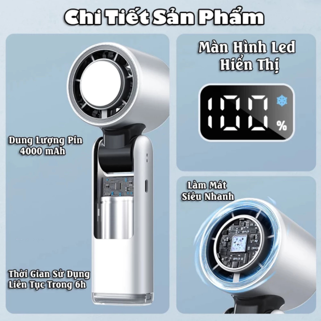 Quạt Cầm Tay Tích Điện Mini Tubor Tốc Độ Gió Siêu Mạnh Dung Lượng Pin 4000mAh Có Sò Lạnh Làm Mát | BigBuy360 - bigbuy360.vn