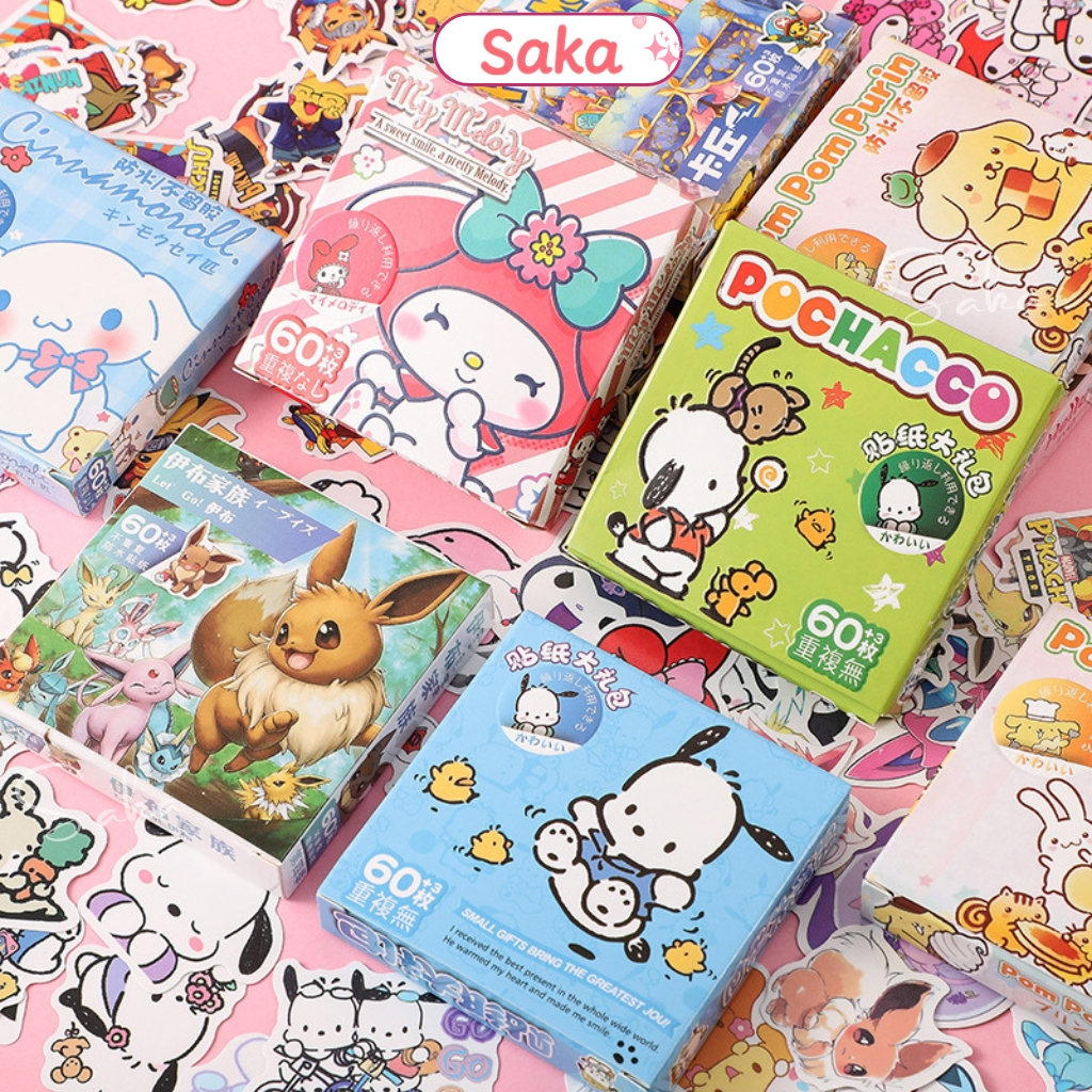 Sticker Hello Kitty/ Cinamoroll- Hộp 60 Stikcer Dễ Thương Chống Nước Dán Laptop, Điện Thoại.. Saka H