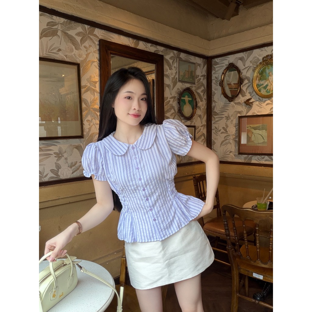 Áo sơ mi nữ cổ sen nhún eo gọn dáng vải sọc xinh xắn trẻ trung LAMO - B1546 | BigBuy360 - bigbuy360.vn