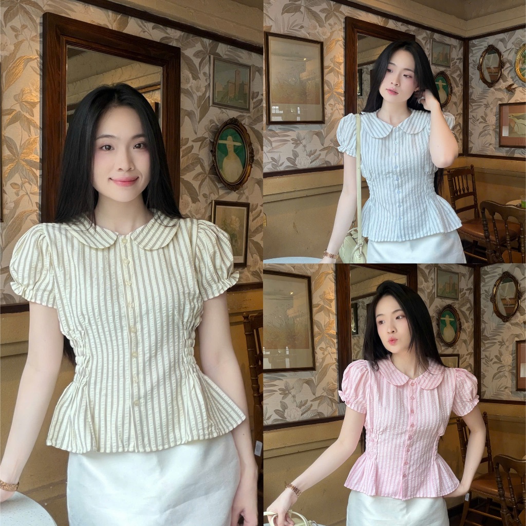 Áo sơ mi nữ cổ sen nhún eo gọn dáng vải sọc xinh xắn trẻ trung LAMO - B1546 | BigBuy360 - bigbuy360.vn