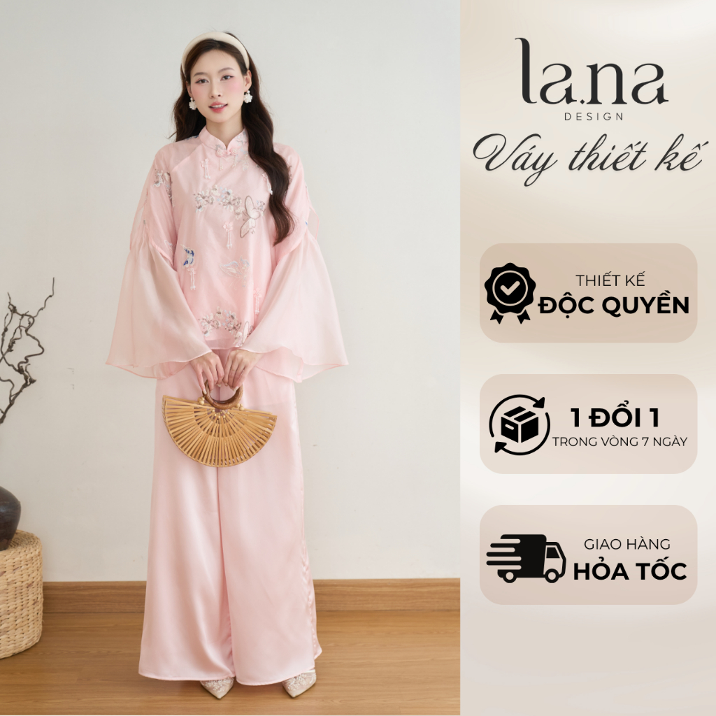 Pháp phục cách tân Ngự Điệp LANA DESIGN chất tơ kính thêu họa tiết tinh xảo phối quần xuông có lót –