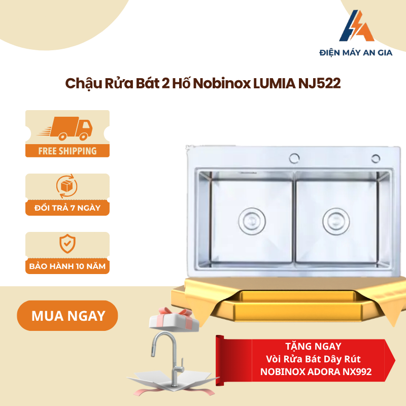 Chậu Rửa Bát NOBINOX LUMIA NJ522 – Inox 304 Cao Cấp – 2 Hố Cân – PEB