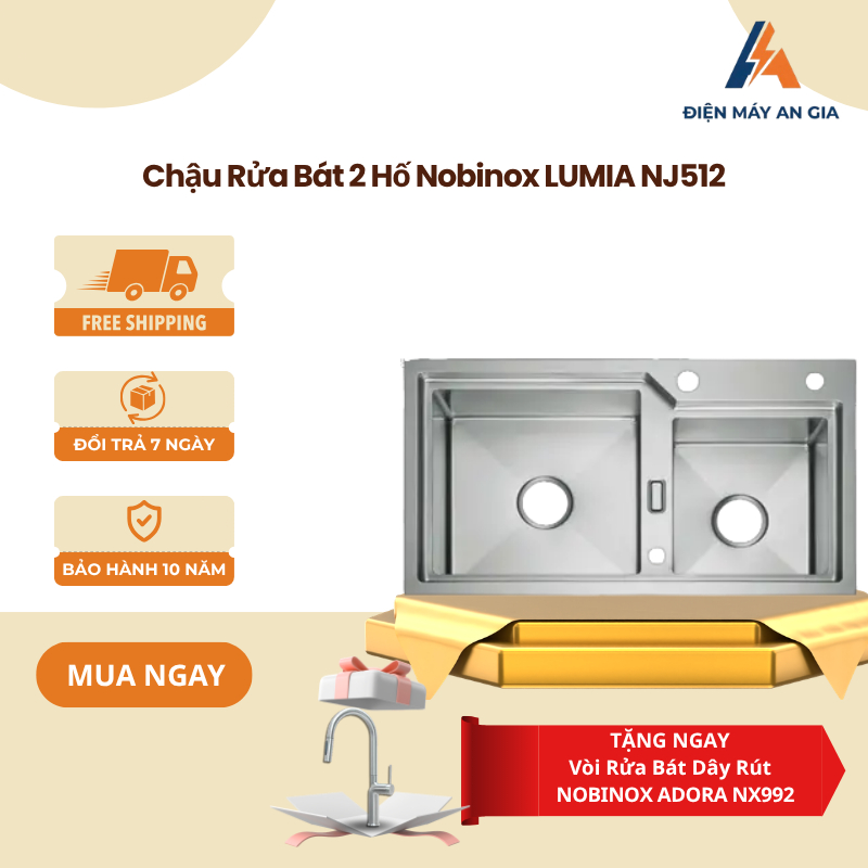 Chậu Rửa Bát NOBINOX LUMIA NJ512 – Inox 304 Cao Cấp – 2 Hố Lệch – PEB