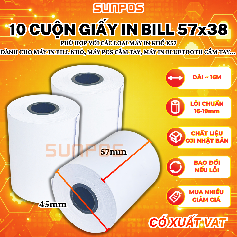 [10 CUỘN] Giấy in nhiệt k57 (57x38) dùng cho máy pos cầm tay, máy in hoá đơn