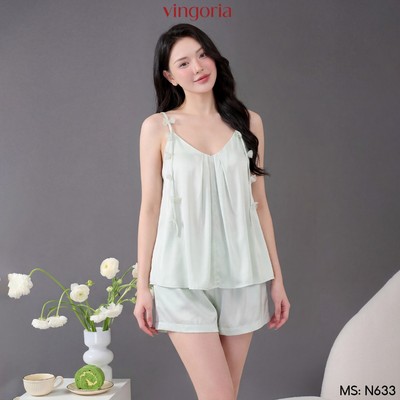 Bộ ngủ 2 dây mặc nhà lụa VINGO/VINGORIA mặc xuân hè Sana N633