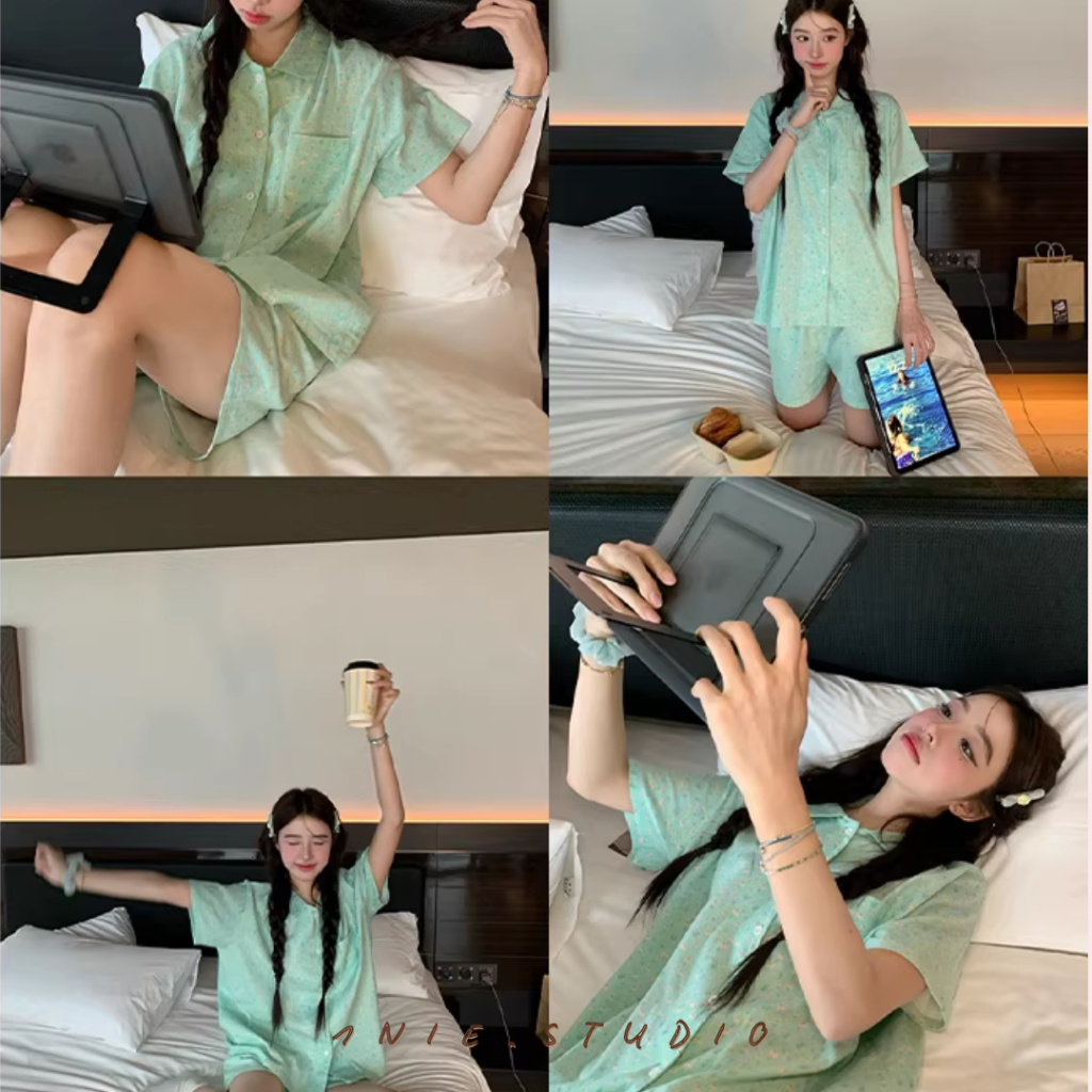 𝟏𝐍𝐈𝐄.𝐒𝐓𝐔𝐃𝐈𝐎 | Bộ Pyjama Ngắn Tay Cổ Hoa Ngọt Ngào – Đồ Mặc Nhà Hai Mảnh Thoáng Khí Summer Vibes