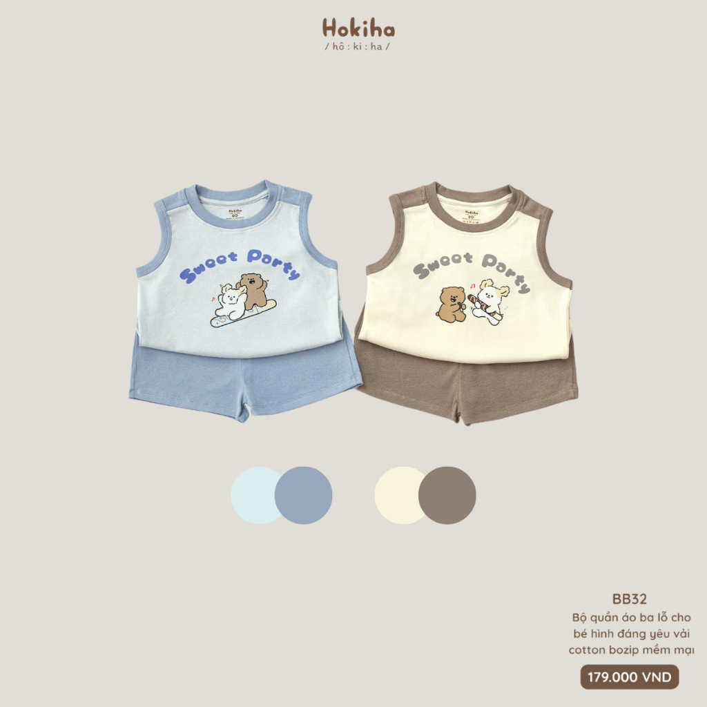 Bộ ba lỗ phối màu in hình gấu đáng yêu cho bé Hokiha vải cotton mềm mại, thoáng mát từ 8-17kg BB32