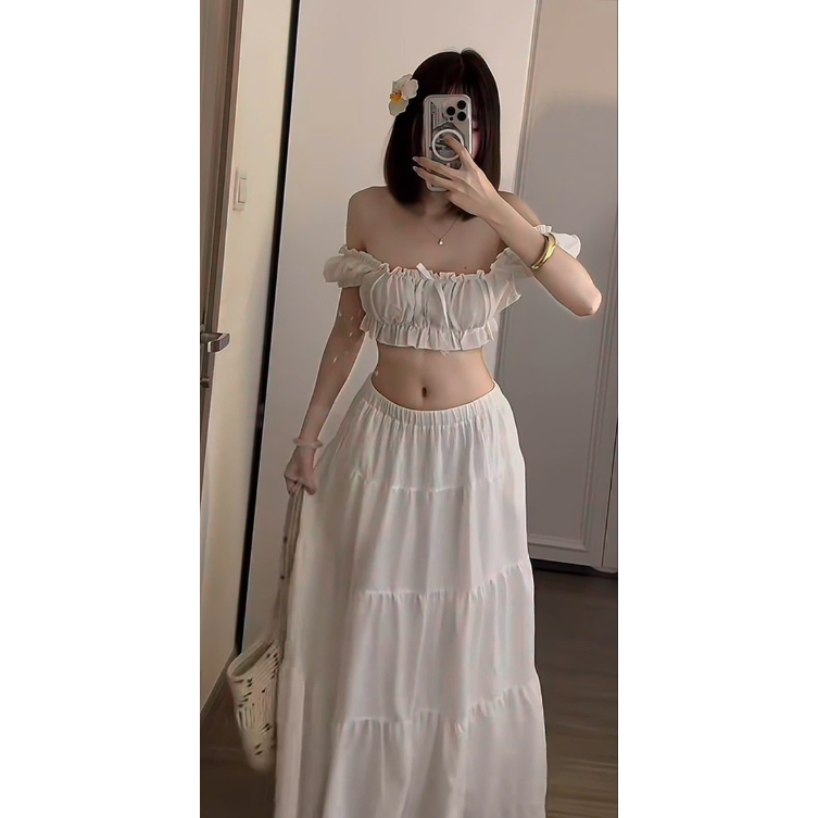 Xuongmaytini - Áo Trễ vai Croptop và Chân váy dài Tí Nị vải xốp Mỏng đi biển | BigBuy360 - bigbuy360.vn