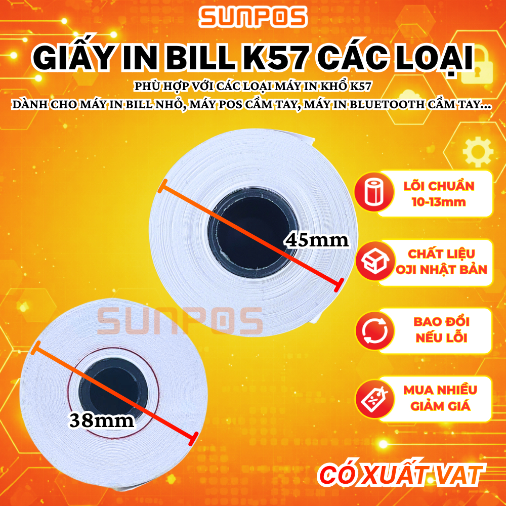 [10 CUỘN] Giấy in bill k57 (57x45, 57x38) dành cho máy pos cầm tay sunmi V1s V2, V2s, máy in bill mi