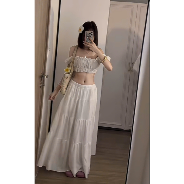 Xuongmaytini - Áo Trễ vai Croptop và Chân váy dài Tí Nị vải xốp Mỏng đi biển | BigBuy360 - bigbuy360.vn