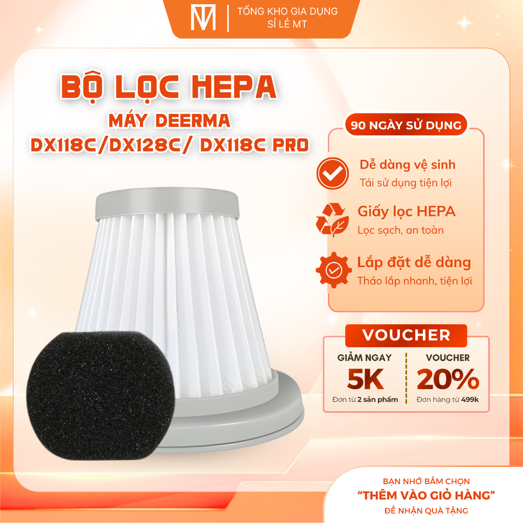 Set 6 lõi lọc HEPA Deerma DX118C DX118C Pro DX128C dùng cho máy hút bụi kèm mút lọc
