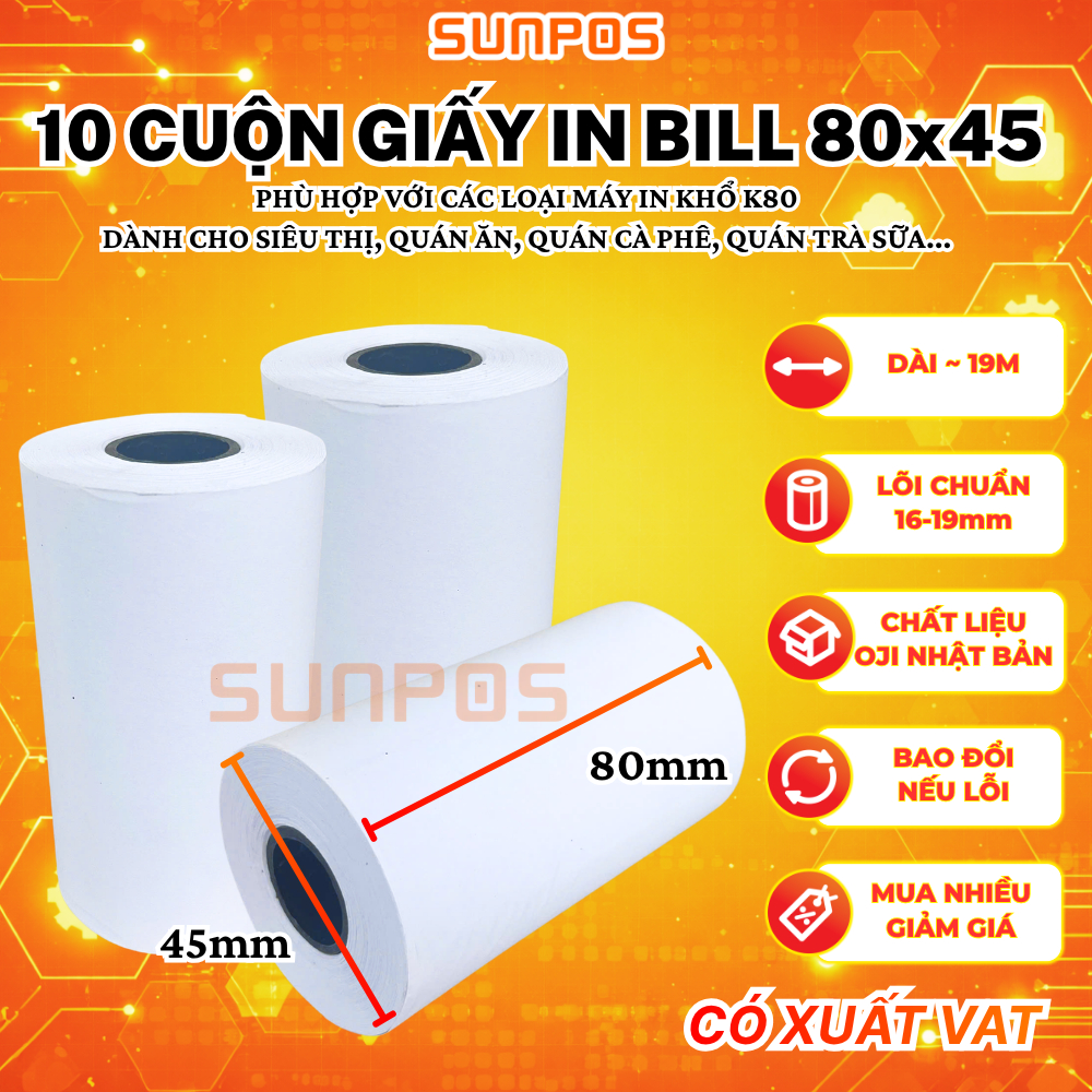 [10 CUỘN] Giấy in hóa đơn, giấy in bill nhiệt K80 80X45 (GIẤY IN NHIỆT CHO MÁY IN BILL, MÁY POS)