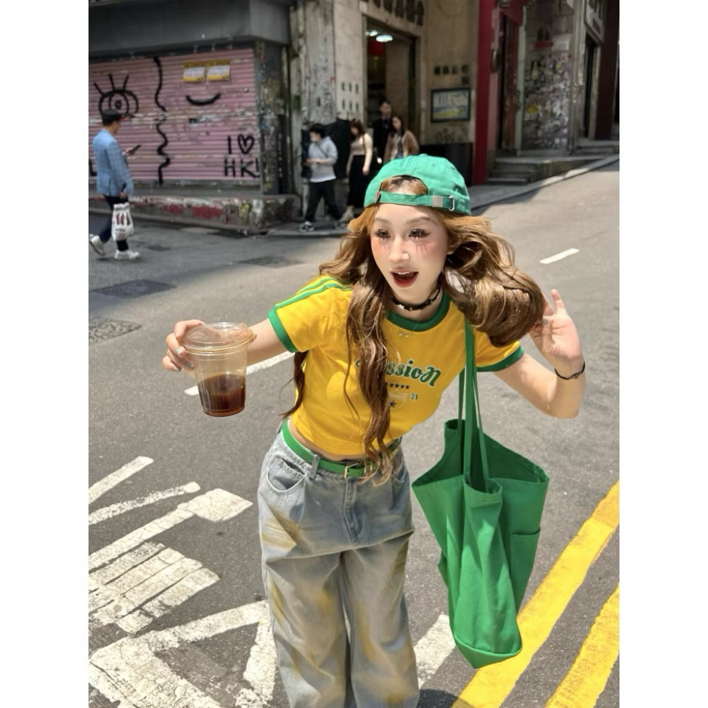 Áo Thun Babytee Cổ Tròn Slimfit Y2K Crop Top Phong Cách Mỹ Retro Mùa Hè | BigBuy360 - bigbuy360.vn